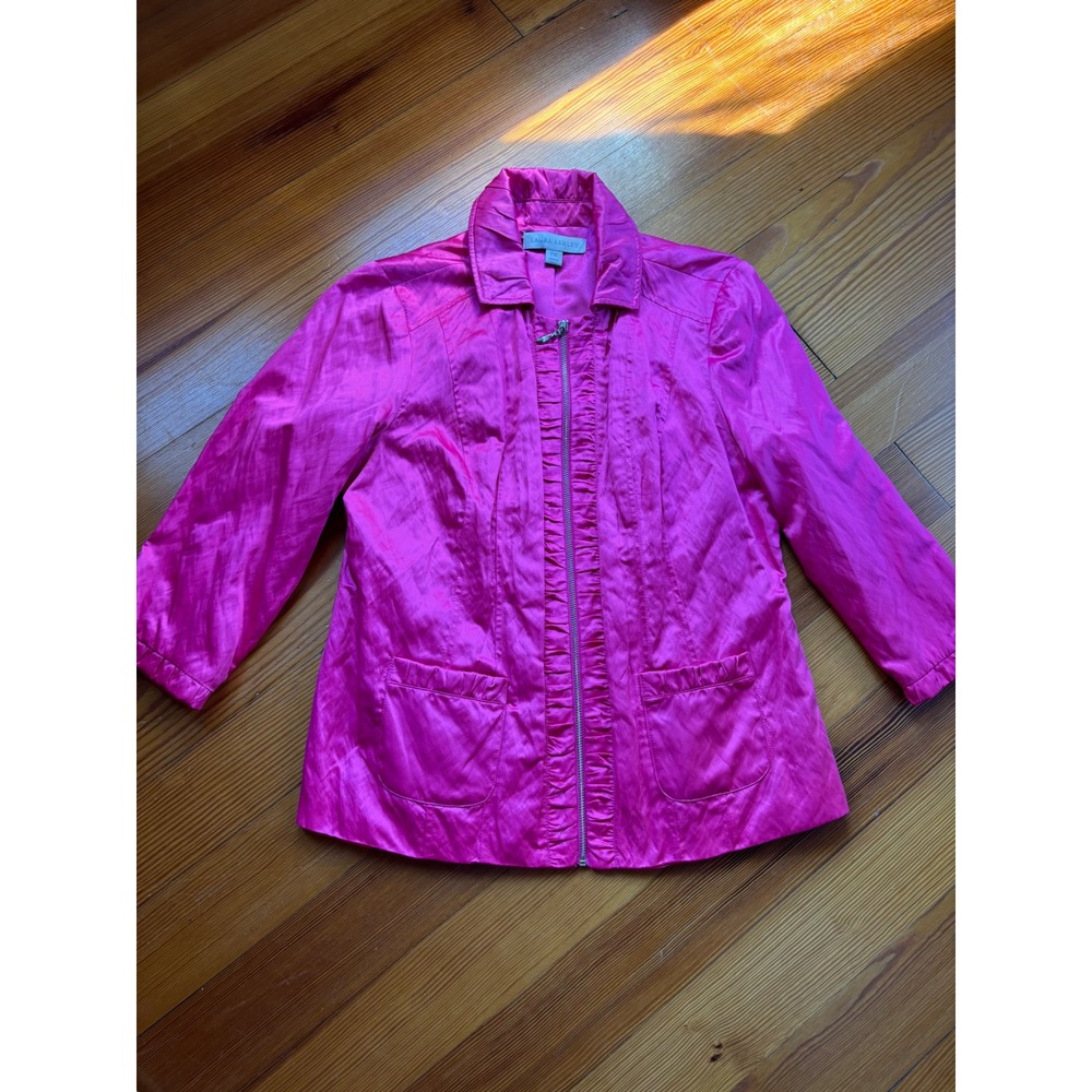 Laura Ashley Pink Ruffle Zip Front Jacket 3/4 Sleeve Petite Medium PM